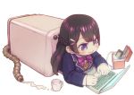  1girl :&gt; black_hair blush bow bowtie braid cellphone chibi collared_shirt computer eyebrows_visible_through_hair feral_lemma fingernails french_braid from_side holding jacket laptop long_hair long_sleeves nijisanji phone pink_neckwear purple_eyes purple_jacket shirt simple_background smartphone smile solo tsukino_mito vest virtual_youtuber washing_machine white_background white_shirt wing_collar 