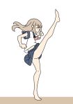  1girl bare_legs barefoot blonde_hair commentary high_kick juukyuu kicking long_hair no_panties original school_uniform serafuku solo white_background 