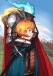  1girl armor belt blue_eyes blue_fire cape commentary_request demi-chan_wa_kataritai disembodied_head dullahan eringi25 fantasy fire fur_trim grasslands headless highres holding_head knight machi_kyouko mountain orange_hair plate_armor sheath sheathed short_hair shoulder_armor smile solo sword vambraces very_short_hair weapon 