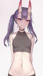  1girl alternate_hairstyle arms_behind_back bangs bare_arms bare_shoulders black_shirt breasts choker crop_top eyebrows_visible_through_hair eyeshadow fate/grand_order fate_(series) grey_background grin groin headpiece horns long_hair looking_at_viewer makeup midriff navel oni oni_horns purple_eyes purple_hair sherryqq shirt shuten_douji_(fate/grand_order) simple_background sleeveless sleeveless_shirt small_breasts smile solo stomach thick_eyebrows twintails upper_body 