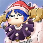  1girl :3 avatar_icon blue_background blue_eyes blush capelet chamaji check_commentary commentary commentary_request doreking doremy_sweet eyebrows_visible_through_hair frog_eyes hat horns lowres open_mouth pom_pom_(clothes) santa_hat sheep sheep_horns short_hair signature simple_background solo touhou upper_body 