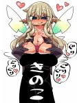  1girl :q aloe_(ishuzoku_reviewers) black_legwear blonde_hair blue_eyes blush breasts chest_tattoo cleavage fairy_wings heart ishuzoku_reviewers kanikama large_breasts long_hair minigirl penis pointy_ears simple_background solo_focus stomach_tattoo tattoo thighhighs tongue tongue_out translation_request white_background wings 