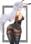  1girl absurdres animal_ears arknights ass back bangs bare_shoulders black_footwear black_legwear black_shirt blush boots breasts brown_gloves brown_legwear bunny_ears chinese_commentary commentary_request cowboy_shot crotch_seam elbow_gloves from_behind gloves grey_eyes grey_skirt highres large_breasts lazgear long_hair looking_at_viewer looking_back medium_breasts miniskirt open_mouth panties panties_under_pantyhose pantyhose pencil_skirt savage_(arknights) shirt side_slit sideboob silver_hair simple_background skindentation skirt sleeveless sleeveless_shirt solo standing thigh_boots thighband_pantyhose thighhighs thighs two_side_up underwear very_long_hair white_background white_panties 