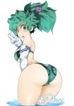  1girl 2019 artist_name ass bikini blush boku_no_hero_academia breasts elbow_gloves embarrassed eyebrows_visible_through_hair flower freckles genderswap genderswap_(mtf) gloves green_bikini green_eyes green_hair hair_flower hair_ornament highres hot_vr long_hair looking_at_viewer looking_back medium_breasts midoriya_izuku open_mouth ponytail sideboob signature solo swimsuit thick_thighs thighs underboob v water white_background 