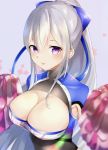  1girl absurdres armpit_cutout azur_lane blue_shirt blurry bodysuit bow braid breasts casablanca_(azur_lane) casablanca_(cheer_squad_on_break)_(azur_lane) cheerleader cleavage cleavage_cutout crop_top depth_of_field hair_bow highres holding_pom_poms large_breasts long_hair looking_at_viewer noraneri ponytail purple_eyes shirt sidelocks silver_hair solo tongue tongue_out upper_body 
