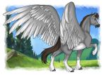  brown_eyes brown_hair dallas_prairiewind detailed_background equid equine feathered_wings feathers feral grey_body hair hooves looking_at_viewer looking_back male mammal markings pterippus rear_view smile solo tabascocat white_markings wings 