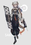  1girl arknights atori_(atori412) bangs black_footwear black_skirt boots character_name commentary full_body grey_background gun head_tilt highres holding holding_gun holding_shield holding_weapon horns long_hair long_skirt long_sleeves looking_at_viewer orange_eyes parted_lips rhine_lab_logo saria_(arknights) shield shirt silver_hair simple_background skirt solo standing symbol_commentary tail weapon white_shirt 