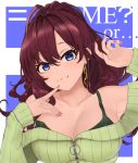  1girl :3 absurdres ahoge bangs blue_eyes blush breasts brown_hair cleavage closed_mouth collarbone commentary_request earrings eyebrows_visible_through_hair green_sweater green_tank_top hair_between_eyes highres ichinose_shiki idolmaster idolmaster_cinderella_girls jewelry lamp_p9 large_breasts lips long_hair long_sleeves looking_at_viewer off-shoulder_sweater off_shoulder red_nails ribbed_sweater smile solo strap_slip sweater tank_top wavy_hair zipper 