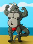  3:4 animal_humanoid anthro balls beach belly bodily_fluids bondius brief bulge clothing dragon dragon_humanoid drooling flexing genitals hi_res horn humanoid looking_at_viewer male manly muscular muslces nipples orange_eyes paunchy saliva scalie sea seaside smile solo spike_(disambiguation) spikey summer swimming swimwear thong thong_(swimwear) tubby underwear water 