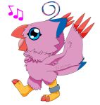  2020 ambiguous_gender avian beak bird biyomon blue_eyes blue_markings claws digimon digimon_(species) feathers feral markings musical_note open_beak open_mouth pink_body pink_feathers red_claws ring signature singing toe_claws tongue tuft ventimon walking 