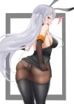  1girl absurdres animal_ears arknights ass back bangs bare_shoulders black_footwear black_legwear black_shirt blush boots breasts brown_gloves brown_legwear bunny_ears chinese_commentary commentary_request cowboy_shot elbow_gloves from_behind gloves grey_eyes grey_skirt highres large_breasts lazgear long_hair looking_at_viewer looking_back medium_breasts miniskirt open_mouth panties pantyhose pencil_skirt savage_(arknights) shirt side_slit sideboob silver_hair simple_background skindentation skirt sleeveless sleeveless_shirt solo standing thigh_boots thighhighs thighs two_side_up underwear very_long_hair white_background white_panties 