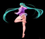  1girl absurdres aqua_eyes aqua_hair arteslav ass bare_legs barefoot black_background blush bottomless breasts commentary english_commentary hatsune_miku highres hood hood_down hoodie kneepits legs long_hair long_legs looking_back medium_breasts naked_hoodie nipples no_bra open_clothes open_hoodie purple_hoodie solo standing tiptoes toes twintails very_long_hair vocaloid 