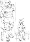 2020 angora_goat anthro asthexiancal beastars bill_(beastars) blush bodily_fluids bottomwear bovid boxers_(clothing) caprine caught clothed clothing dialogue domestic_goat duo els_(beastars) english_text felid female footwear goat hi_res male male/female mammal monochrome pantherine shoes skirt sweat text tiger topless underwear whiskers 