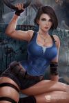  asymmetrical_hair belt_pouch biceps blue_eyes blush breasts brown_hair cleavage eyeliner fingerless_gloves gloves highres holster jill_valentine large_breasts lips looking_at_viewer makeup nose_blush olga_narhova police_badge pouch redesign resident_evil resident_evil_3 short_hair short_shorts shorts shoulder_holster sitting skindentation sweat tank_top thigh_strap thighs toned yokozuwari zombie 