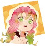  1girl bangs braid gradient_hair green_eyes hana_(h6n6_matsu) jacket kanroji_mitsuri kimetsu_no_yaiba mole mole_under_eye multicolored_hair pink_hair rectangular_mouth solo tri_braids upper_body v-shaped_eyebrows white_jacket 