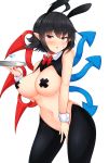  1girl animal_ears areolae bangs bare_arms bare_shoulders black_hair blush bow bowtie breasts bunny_ears commentary_request covering covering_crotch eyebrows_visible_through_hair fake_animal_ears hair_between_eyes hand_up highres holding holding_tray houjuu_nue large_breasts looking_at_viewer meme_attire navel parted_lips pasties pink_eyes pointy_ears red_bow red_neckwear reverse_bunnysuit reverse_outfit short_hair simple_background solo stomach sweat thighs tokoya_(ex-hetare) touhou tray white_background wrist_cuffs 