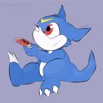  1:1 2020 ambiguous_gender blue_body candy chocolate claws digimon digimon_(species) feral food head_markings markings purple_background red_eyes reptile rimedown scalie simple_background sitting smile solo toe_claws veemon yellow_markings 