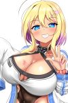  +_+ 1girl absurdres ahoge anchor_choker azur_lane bangs blonde_hair blue_eyes blush breast_tattoo breasts cleavage cleavage_cutout coat collarbone commentary_request covered_navel eyebrows_visible_through_hair glint grin groin gyaru hair_between_eyes hair_ornament hairclip highres large_breasts leotard_under_clothes long_sleeves looking_at_viewer marblehead_(azur_lane) midriff multicolored_hair nail_polish navel_piercing open_clothes open_coat piercing pink_hair pink_nails red_scrunchie scrunchie short_hair_with_long_locks sidelocks simple_background sleeves_past_fingers sleeves_past_wrists smile solo standing tattoo taut_clothes two-tone_hair unishari upper_body v white_background white_coat wrist_scrunchie 