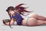  1girl ass back baseball_cap black_gloves blue_jacket breasts clover7 fingerless_gloves gloves handheld_game_console hat headset highres jacket k/da_(league_of_legends) k/da_akali large_breasts league_of_legends lips long_hair looking_back midriff no_pants nose panties puffer_jacket purple_eyes purple_hair short_sleeves solo tablet_pc thong underwear white_panties 