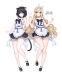  2girls animal_ears apron bare_arms bare_legs bare_shoulders black_dress black_footwear black_hair blade_&amp;_soul blonde_hair blue_eyes breasts cat_ears cat_girl cat_tail choker commission dress frilled_dress frills full_body hair_ribbon hairband heart highres holding_hands large_breasts long_hair looking_at_viewer maid maid_apron mal_poi mary_janes multiple_girls red_eyes ribbon shoes short_hair sideboob simple_background sleeveless sleeveless_dress smile tail thighs very_long_hair white_background 