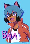  2020 absurd_res anthro black_hair blue_background blue_body blue_eyes blue_fur blue_hair brand_new_animal brown_body brown_fur canid canine clothed clothing cute_fangs female fur hair hi_res jacket mammal michiru_kagemori multicolored_eyes open_mouth pink_eyes raccoon_dog rirato_rirato short_hair simple_background solo studio_trigger tanuki topwear 