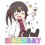  1girl :d ^_^ black_hair black_legwear blush brown_skirt chibi closed_eyes collared_shirt commentary_request cup drink drinking_glass full_body hair_ornament hair_ribbon hairclip holding holding_cup kneehighs labcoat long_hair long_sleeves nekotoufu no_shoes onii-chan_wa_oshimai open_clothes open_mouth outstretched_arm oyama_mihari purple_shirt rainbow_gradient red_ribbon ribbon shirt skirt smile soles solo star twintails white_background wide_sleeves wine_glass 