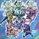  black_six blue_one clenched_hands fighting_stance flying gamiani_zero gold_four gun majestic_prince mecha no_humans purple_two red_five robot rose_three salute single_eye space super_robot_wars sword weapon 