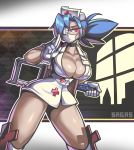  1girl absurdres blue_hair breasts choker cleavage eyepatch gloves glowing glowing_eye glowing_eyes hacksaw hat highres large_breasts mask mouth_mask nurse nurse_cap ponytail red_cross red_eyes sagas293 skullgirls surgical_mask valentine_(skullgirls) white_gloves 