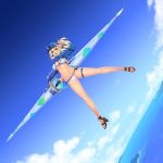  1girl ahoge artoria_pendragon_(all) bangs baseball_cap bikini blonde_hair blue_eyes blue_headwear blue_jacket blue_sky breasts cleavage cropped_jacket fate/grand_order fate_(series) floating hair_between_eyes hair_through_headwear hat highres jacket lance large_breasts legs long_hair looking_at_viewer mysterious_heroine_xx_(foreigner) namonashi navel ocean open_mouth polearm ponytail sandals shrug_(clothing) side-tie_bikini sidelocks sky smile solo swimsuit thigh_strap twinmyniad weapon white_bikini wristband 