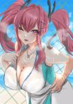  1girl ;p absurdres azur_lane bangs bare_shoulders blue_sky blush bra breasts bremerton_(azur_lane) bremerton_(scorching-hot_training)_(azur_lane) chain-link_fence cloud collarbone collared_shirt commentary_request covered_nipples cowboy_shot crop_top eyebrows_visible_through_hair fence green_skirt grey_hair hair_between_eyes hair_intakes hair_ornament hairclip hand_on_hip heart heart_necklace highres large_breasts leaning_forward long_hair looking_at_viewer maison_sazi multicolored_hair no_mole one_eye_closed pink_eyes pink_hair see-through shirt shirt_tug sidelocks skirt sky sleeveless sleeveless_shirt smile solo sportswear standing steam streaked_hair sweat tennis_uniform tongue tongue_out twintails two-tone_hair two-tone_shirt two-tone_skirt underwear white_bra white_shirt white_skirt x_hair_ornament 