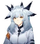  1girl arknights armband bangs commentary eyebrows_visible_through_hair highres jacket long_hair looking_at_viewer pointy_hair ptilopsis_(arknights) shinidei silver_hair simple_background solo upper_body white_background white_jacket yellow_eyes 