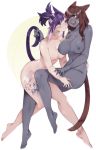  2girls animal_ears bangs black_skin blush breasts brown_eyes brown_hair cat_ears cat_tail collaboration commission facial_mark final_fantasy final_fantasy_xiv highres holding_tail large_breasts long_hair looking_at_another medium_breasts miqo&#039;te multiple_girls navel nipples nude open_mouth purple_eyes purple_hair rirene_rn short_hair simple_background smile swept_bangs tail tattoo whisker_markings yuri 