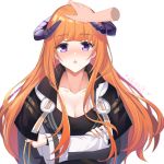  1:1 2020 animal_humanoid arknights bagpipe_(arknights) breasts cleavage clothed clothing crossed_arms disembodied_hand dragon dragon_humanoid female hair hi_res horn humanoid lanelise orange_hair petting purple_eyes simple_background solo_focus white_background 