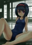  1girl bangs bare_arms bare_legs bare_shoulders barefoot black_hair blue_swimsuit blurry blurry_background breasts closed_mouth collarbone commentary_request day depth_of_field eyebrows_visible_through_hair hair_between_eyes hairband highres indoors long_hair looking_at_viewer one-piece_swimsuit original purple_eyes red_hairband reflection rohitsuka school_swimsuit signature small_breasts solo swimsuit window 