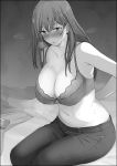 1girl arms_behind_back bangs bare_shoulders bed belt blush bra breasts cleavage collarbone commentary_request condom_box denim eyebrows_visible_through_hair greyscale hair_between_eyes highres jeans large_breasts long_hair mobu monochrome navel original pants shirt sidelocks sitting stomach sweat underwear 