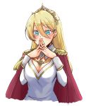  1girl absurdres bangs blonde_hair blue_eyes blush breasts cape commentary_request eyebrows_visible_through_hair genderswap genderswap_(mtf) geordo_stuart hair_between_eyes hands_together hands_up highres long_hair long_sleeves medium_breasts mutton_(user_hafp8324) otome_game_no_hametsu_flag_shika_nai_akuyaku_reijou_ni_tensei_shite_shimatta red_cape simple_background solo tiara upper_body white_background 