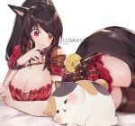  1girl animal_ears bangs black_hair black_legwear breasts cat_ears cleavage commission eyebrows_visible_through_hair facial_mark fat_cat_(ff14) final_fantasy final_fantasy_xiv large_breasts lying miqo&#039;te multicolored_hair on_side ponytail red_eyes rirene_rn short_sleeves smile solo streaked_hair tail thighhighs 