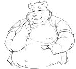  anthro belly beverage blush clothed clothing cookie exe_exem food jambavan male mammal monochrome moobs nipples open_shirt overweight overweight_male shirt solo tea tokyo_afterschool_summoners topwear ursid video_games 