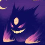  amphibizzy commentary creature crescent_moon dark english_commentary evil_grin evil_smile gen_1_pokemon gengar grin mega_gengar mega_pokemon moon night night_sky no_humans outdoors pokemon pokemon_(creature) purple_eyes purple_theme signature sky smile third_eye 