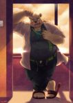  2020 absurd_res anthro aotoaka belly blush bottomwear bulge clothing detailed_background eyewear footwear fur glasses hi_res humanoid_hands kemono leib_(tas) male mammal necktie overweight overweight_male pants polar_bear sandals shirt solo tokyo_afterschool_summoners topwear underwear ursid ursine video_games white_body white_fur 