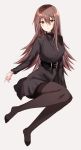  1girl bangs belt belt_buckle black_belt black_dress black_legwear blush breasts brown_background brown_eyes brown_hair buckle dress eyebrows_visible_through_hair full_body hair_between_eyes highres kinona long_hair long_sleeves looking_at_viewer medium_breasts no_shoes original pantyhose parted_lips solo thighband_pantyhose very_long_hair 