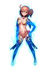  1girl absurdres ahoge armor aura bangs bare_shoulders bikini_armor blush bracelet breasts c-low closed_mouth cosplay fate/grand_order fate_(series) flower fujimaru_ritsuka_(female) full_body hair_between_eyes hair_ornament hair_scrunchie hand_on_hip highres jewelry kama_(fate/grand_order) kama_(fate/grand_order)_(cosplay) legs looking_at_viewer lotus medium_breasts one_side_up orange_eyes orange_hair scrunchie short_hair simple_background smile solo thighlet white_background yellow_scrunchie 