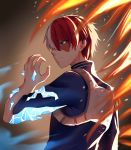  1boy absurdres blue_eyes blue_jacket boku_no_hero_academia burn_scar closed_mouth eyebrows_visible_through_hair fire from_behind hand_up highres ice jacket looking_to_the_side male_focus multicolored_hair red_hair scar serious short_hair simple_background solo standing todoroki_shouto two-tone_hair upper_body white_hair yaya_chan 