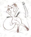  anthro armello belt biped bracelet breasts canid canine coin female fox gold_(metal) gold_coin hi_res ihara jewelry looking_at_viewer lying mammal melee_weapon monochrome nipples nude on_back scarlet_(armello) simple_background solo video_games weapon white_background 