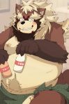  anthro balls barely_visible_balls barely_visible_genitalia belly beverage big_balls big_belly body_hair canid canine genitals goemon_(tas) grin hair happy_trail hi_res long_hair male mammal milk moobs nipples overweight overweight_male pubes raccoon_dog smile solo tanuki tokyo_afterschool_summoners towel tsurugi23 video_games wet 