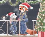  2019 anthro barefoot canid canine christmas christmas_tree clothed clothing coat disney duo ears_down fox fully_clothed fur gift grey_body grey_fur hat hb_runo headgear headwear hi_res holding_cup holding_object holidays judy_hopps lagomorph leporid looking_at_another mammal nick_wilde open_mouth open_smile orange_body orange_fur pivoted_ears rabbit red_fox santa_hat smile standing topwear tree zootopia 