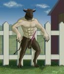  2020 animal_genitalia animal_penis anthro balls blue_eyes bovid bovine bovine_penis digital_media_(artwork) erection european_mythology farm genitals greek_mythology hi_res horn looking_at_penis male mammal minotaur muscular muscular_male mythology nipples nude penis pose presenting presenting_penis sky solo t-ace_juice 