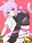  1girl :t ahoge animal_ear_fluff animal_ears black_hoodie cat_ears cat_tail closed_mouth eyebrows_visible_through_hair eyelashes full_body hair_between_eyes hand_on_own_knee highres hololive knee_to_chest kokechan lavender_hair long_sleeves looking_at_viewer midriff nekomata_okayu pants paw_print purple_eyes shoes short_hair sitting solo sweatpants tail virtual_youtuber white_pants yellow_footwear 