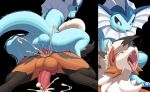  anal anal_penetration balls blue_body blush bodily_fluids canid canine cum cum_in_ass cum_inside cum_splatter duo dusk_lycanroc eeveelution ejaculation erection fangs feral frill_(anatomy) from_behind_position fur genital_fluids genitals green_eyes hands-free jockey_position knot lycanroc lying male male/male male_penetrated male_penetrating male_penetrating_male mammal membrane_(anatomy) membranous_frill multicolored_body nintendo open_mouth orange_body pata penetration penis pok&eacute;mon pok&eacute;mon_(species) quadruped sex simple_background tongue vaporeon video_games 