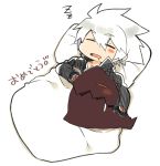  1boy black_gloves blanket blazblue blush closed_eyes closed_mouth collarbone drooling earrings eyebrows_visible_through_hair gloves hair_between_eyes hair_ears jewelry lying monster naoto_kurogane on_back open_mouth pillow saliva simple_background sleeping tattoo tongue uzukinoko white_background white_hair zzz 